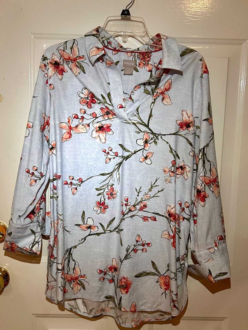 Chico's Light Blue Floral Button-Down Shirt with Pink Blossoms